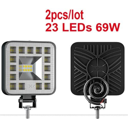 2pcs/lot Car Work Light MINI Square 23 LED 69W Off Road Spotlight Modified Lamp Car Headlight With Bracket for 12-36V SUV Truck