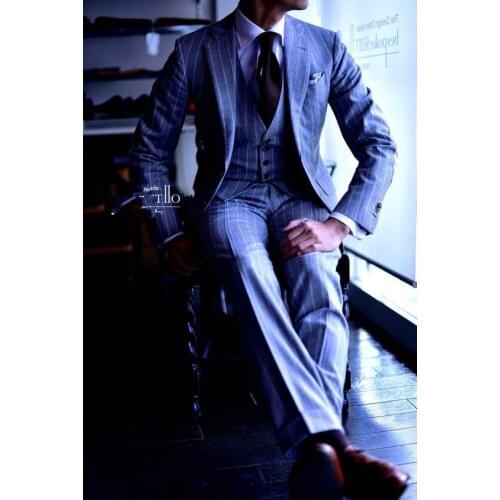 2017 Latest Coat Pant Designs Light Blue Stripe Men Suit Slim Fit 3 Piece Tuxedo Custom Suits Groom Prom Blazer Terno Masuclino