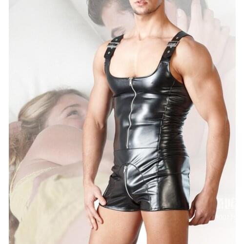 2021 new High quality Sexy Men Sleeveless Open Crotch Faux Leather Zipper Bodysuit Shorts Jumpsuit