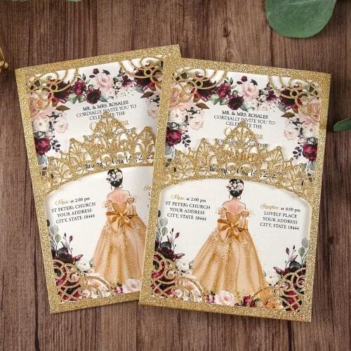 50pieces New Arrival Luxury Shining Laser Cut Invitations Gold Color Greeting Cards for Quinceanera/Birthday/ Wedding