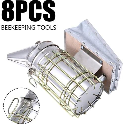 8pcs Beekeeping Tools Kit Large Bee Hive Smoker Equipment Tamer Heat Shield Cultivating Box Beehive Water Feeder