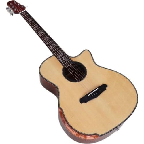 Hand made 6 string acoustic guitar high gloss 41 inch solid spruce top flower fretboard with armrest with abalone shell edge