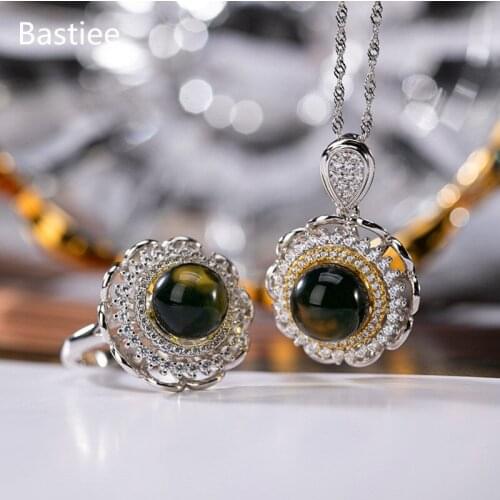 Bastiee Natural Stone Mexican Amber 925 Sterling Silver Jewelry Sets For Women Rings Necklace Pendants Luxury Gifts Girls