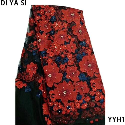 White Wedding Dress Lace Fabric, 3D Chiffon Flowers Nail Bead High End European Lace Fabric Free Shipping YYH1