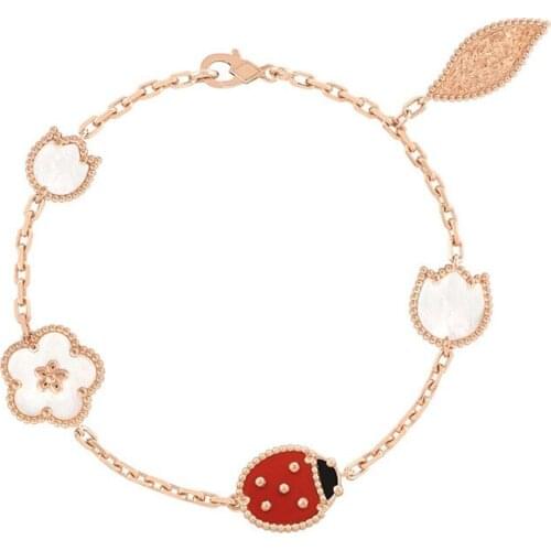 S925 sterling silver Bracelet new fashion jewelry plum shell red agate lucky five-leaf flower design sense messy flower ladybug