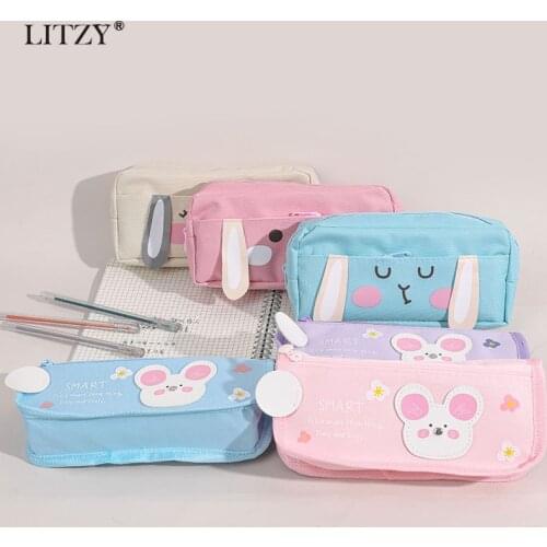 LITZY Kawaii Double Layer Pencil Case Animal Rabbit Canvas Pencil Pouch School Cute Large Pen Bag Student Stationery Gift