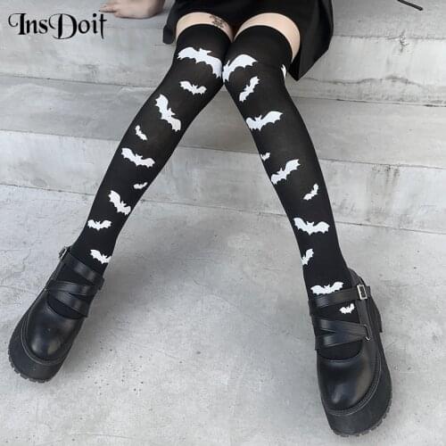InsDoit Goth Long Socks Black Harajuku Streetwear Sexy Print Stockings Women Halloween Thigh High Socks Casual Party Stockings