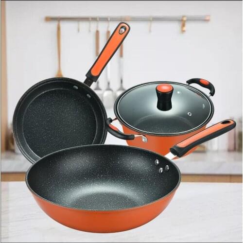 Don't pick the stove, Korean-style medical stone three-piece non-stick pan, light oil and less smoke, pan set