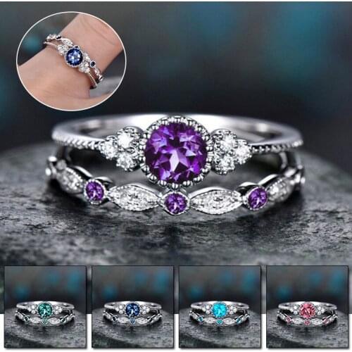 Two-piece Ring Exquisite Crystal for Women Wedding Green Rhinestone Vintage Jewelry Korean Decor Fashion Charm Signet Rings