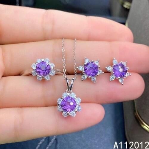 KJJEAXCMY fine jewelry natural Amethyst 925 sterling silver trendy girl new pendant necklace earrings ring set support test