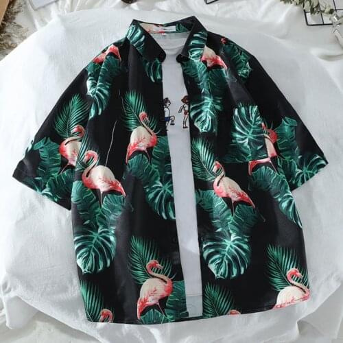 Mens Hawaiian Shirts Palm Leaf Flamingo Printed Revere Collar Short Sleeve Shirt