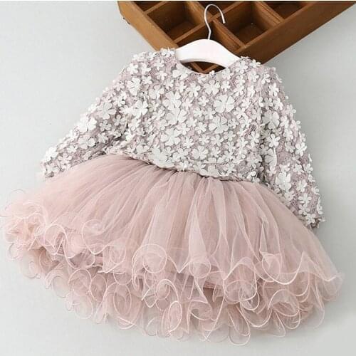 Spring utumn Toddler Girls Lace Cake Dress Kids Long sleeve Floral Mesh Wedding Dresses Children Clothing For Baby Girls 3 to 8