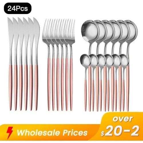 24PCS Pink-Silver Stainless Steel Dinnerware Set Steak Knife Fork Coffee Dessert Spoon Tableware Suit Kitchen Home Cutlery Set