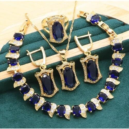 Gold Color Jewelry Sets For Women Wedding Party Royal Blue Crystal Bracelet Earrings Necklace pendant Ring Christmas Gift Box