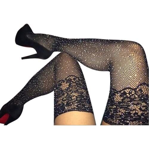 New Sexy Crystal Fishnet Stockings Tights Rhinestone Pantyhose Sexy Lingerie Black Lace Thigh High Stockings For Women Medias