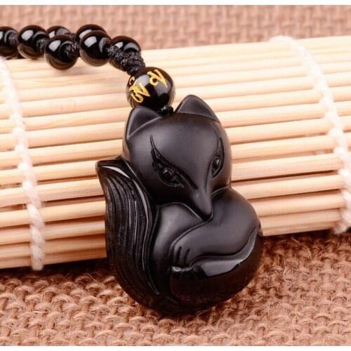 100% Natural Obsidian Black Jadeite Pendant Lucky Love Fox Necklace A19