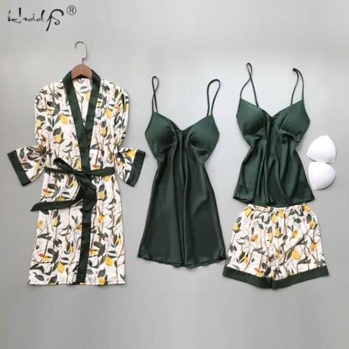 Solid color sexy pajamas women spring and summer four-piece two-piece set optional long-sleeved home service