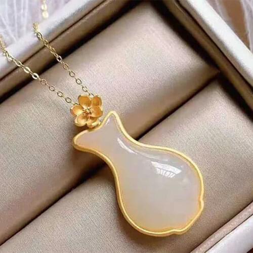 S925 Sterling Silver Ancient Gold Natural Hetian White Jade High-End Classic Vase Personality Ladies Pendant Necklace Set