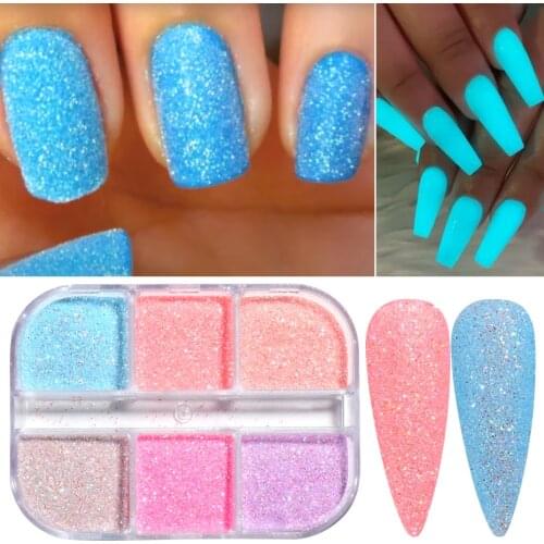 6 Colors Mermaid Sugar Powder Nail Glitter Glow In Dark Luminous Dipping Powder Pigment Flake Spangle Manicure Decor JI1909-23