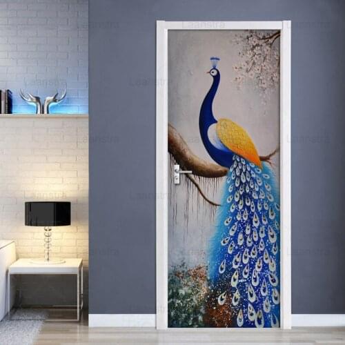 DIY Self Adhesive Door Stickers Peacock Flower Oil Painting Art Decals For Living Room Bedroom Door Decor PVC Waterproof Poster