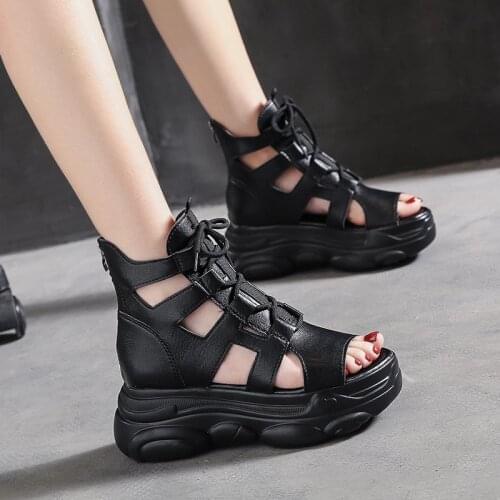 Rimocy Hollow Out Platform Peep Toe Sandals Women High Quality PU Leather Summer Boots Woman Retro Thick Sole Gladiator Sandals