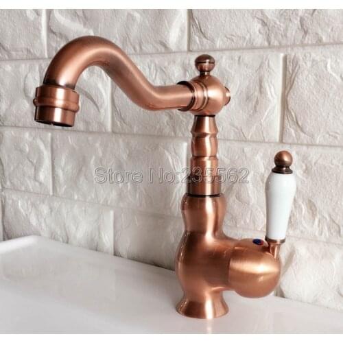 Antique Red Copper Swivel Spout Bathroom Sink Faucets Single Hole/Handle Wash Basin Mixer Taps Lnf405