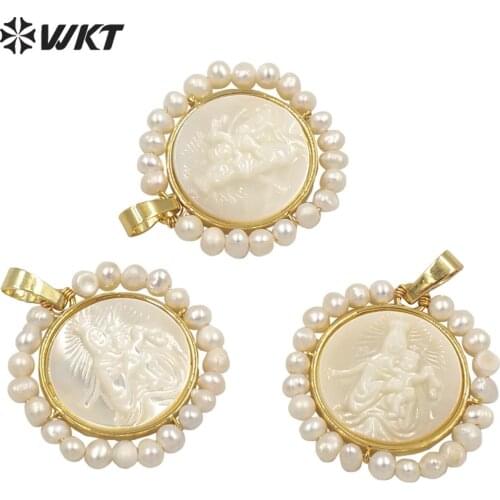 WT-JP262 Fashion gold amazing handmade wire wrapped tiny pearl charm shell pendant gold bezel virgin mary and Jesus religious