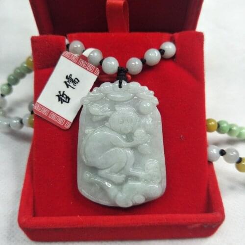 Zheru Jewelry Pure Natural Jadeite Light Green Zodiac Monkey Pendant Tricolor Jade Pearl Necklace A Class A Certificate