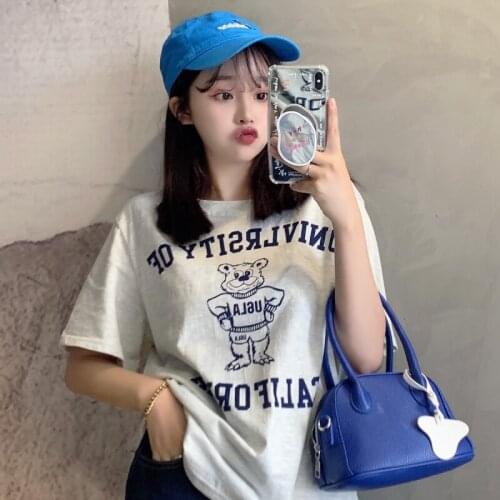 Summer new style college style cartoon bear letter printing short-sleeved casual round neck loose T-shirt women
