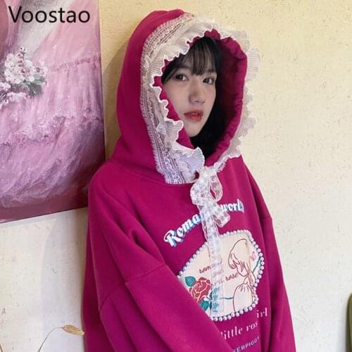 Autumn Sweet Rose Girl Print JK Sweatshirt Women Cute Lace Ruffles Hoodies Female Harajuku Kawaii Loose Tops Pullovers Coats