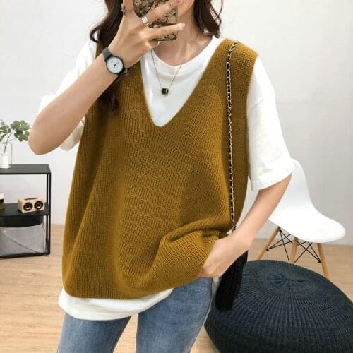 2021 Spring Autumn Winter Women Knitted Sweater Female Sleeveless Loose Vest Ladies V-Neck Knitting Pullover Jumpers Tops Q9