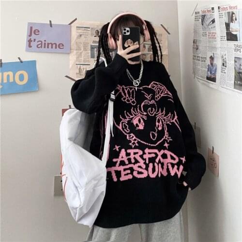 Women Round Neck Cartoon Letter Jacquard Sweater Female BF Style Student Loose Top Knit Sweater Coat