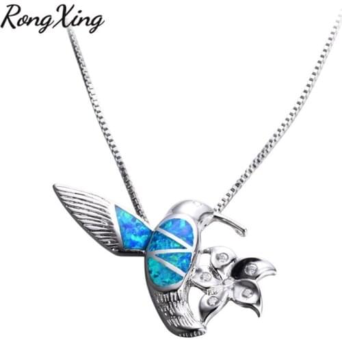 RongXing Cute Bird Blue Fire Opal Silver Color Animal Pendants Necklaces For Women White CZ Flower Necklace NL0073