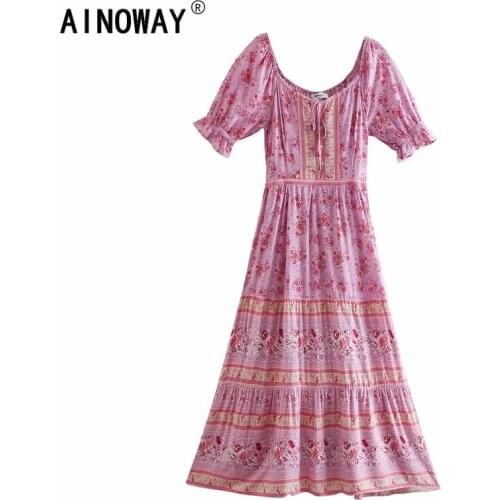 Boho Women Floral print off shoulder beach Bohemian maxi dresses Ladies V neck front botton rayon Boho pleated Sundress vestidos