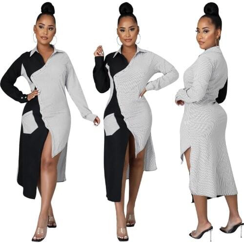 Striped Patchwork Women Turn-down Collar Dress Hot Style Single-breasted Full Sleeve Casual Asymmetrical Mid-Calf Dresses