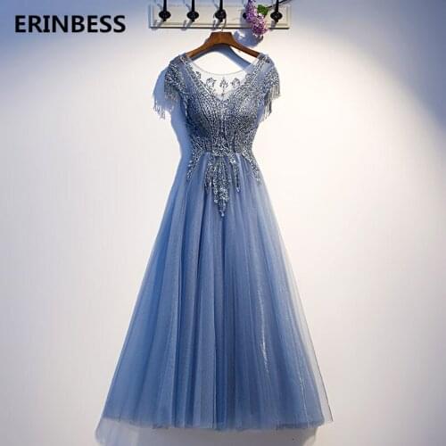 Robe De Soiree Long Prom Dresses 2020 Fashion Party Dresses Formal Party Gowns Short Sleeve Evening Dress A-line Blue Prom Dress