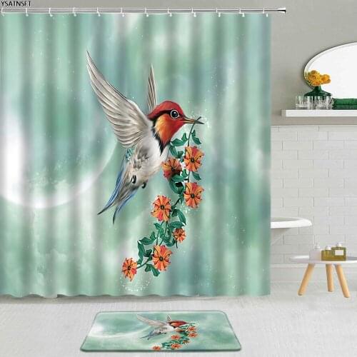 2Pcs Chinese Style Flower Bird Shower Curtain Painted Parrot Creative Modeling Bathroom Non-Slip Bath Mat Curtains Set Decor