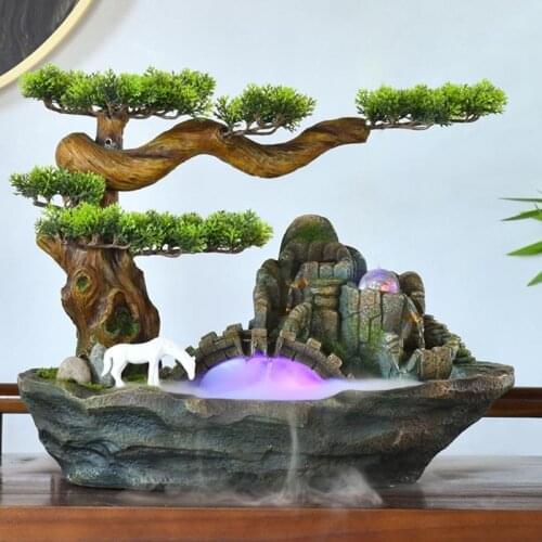 220V Chinese Lucky Feng Shui Rockery Water Fountain Indoor Resin Micro Landscape Fountains Waterfall Home Decor Humidifier Craft