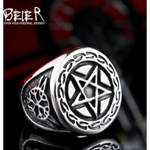 Beier new store 316L Stainless Steel Viking symbol ring high quality pentagram punk Biker ring for men fashion gift LLBR8-371R