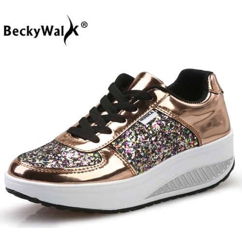 BeckyWalk Autumn Women Sneakers Fashion Sequins Lace-Up Shoes Women Flats Platform Casual Shoes Thick Soles Ladies Shoes WSH2929