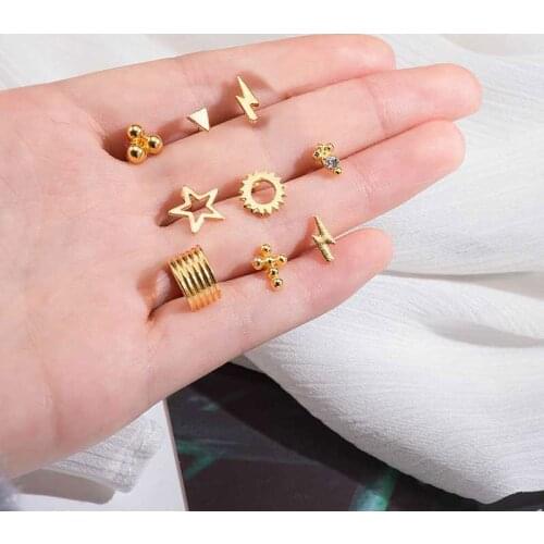 Boho Vintage New Fashion Hollow Five-pointed Star Cross Crystal Lightning Geometry Earrings For Women Gold Earring Jewelry Gift