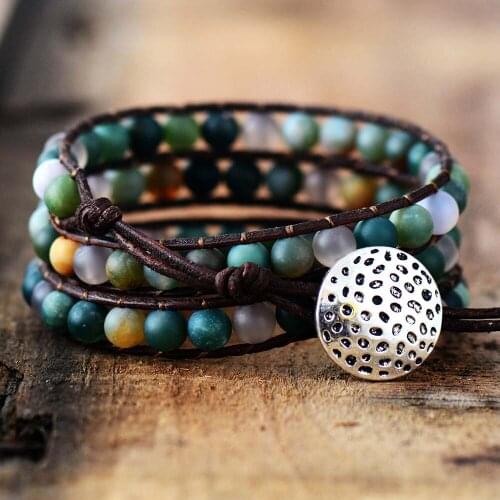 Unisex Leather Bracelets 6MM Matte India Onyx 3 Strands Wrap Bracelets Woven Multilayer Boho Bracelet Jewelry Dropship