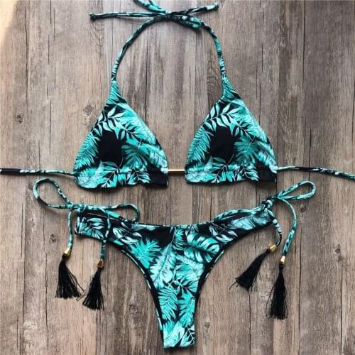 Brazilian thong bikini 2020 Mujer Leaves print bathing suit Tassel swimwear women swimsuit female Push up bathing suit women