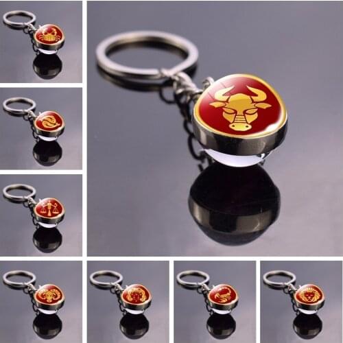 12 Constellations Key Chains Libra Gemini Virgo Cancer Sagittarius Taurus Aries Pattern Double Side Glass Ball Keychain