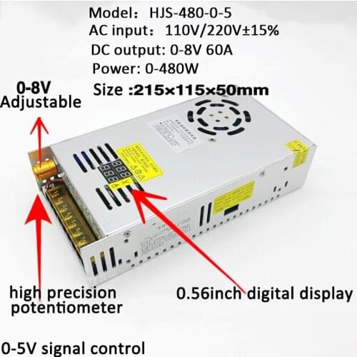Double Digital Display 0-5V 60A 480W 0-8V Adjustable Switching Power Supply HJS-480-0-5 DC voltage regulator Transformer