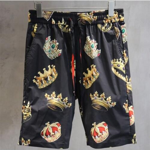 Spring and summer breathable new mens Crown pattern casual beach pants slim stretch fashion mens shorts