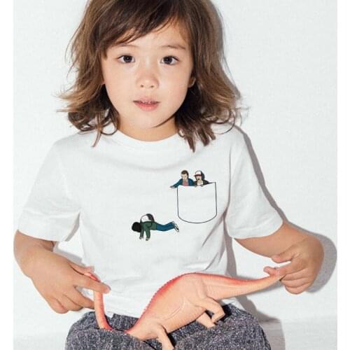 T-shirt Korean Vintage White Girls Shirt Printing Series Boys Top Boy Tshirts Kids Summer Clothes Stranger Things Pocket Fashion