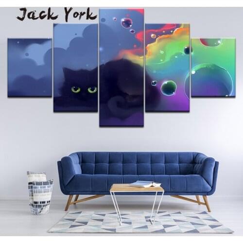 Canvas Painting Multicolor black cat blight eyes 5 Pieces Wall Art Painting Modular Wallpapers Poster Print Home Decor