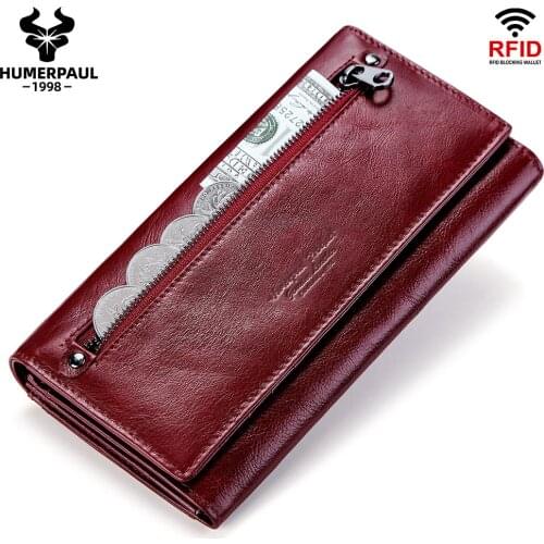 Fashion Womens Wallet Cow Leather Solid Color Handbag For Phone Pocket High Capacity Ladies Clutch Rfid Card Holder Handy Purse