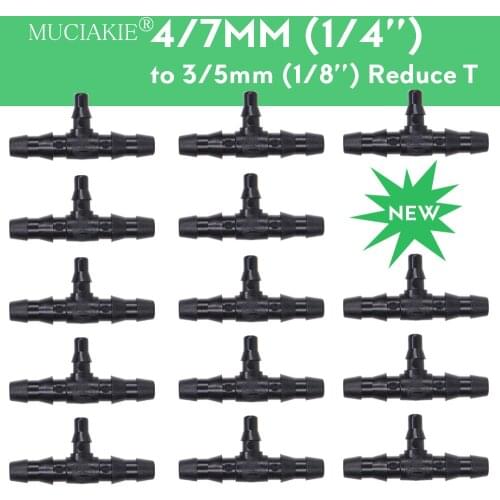 MUCIAKIE 30-1000PCS 4/7mm to 3/5mm Reduced Tee Connector Garden Irrigation 1/4'' 1/8'' Reducing Coupling Adapter for Micro Hose